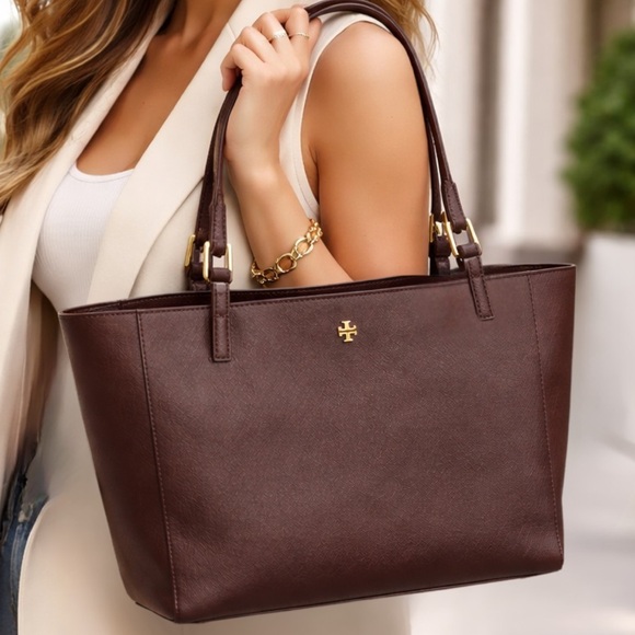 Tory Burch Handbags - Tory Burch Emerson Saffiano Small Tote – Tempranillo Chocolate Brown